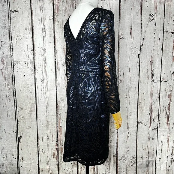 Tadashi Shoji Sequins Swirl Fitted Lace Long-Sleeve Cocktail Dress Size 2 EUC - Picture 9 of 16